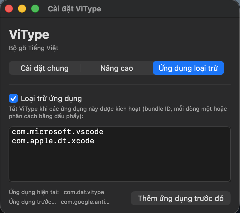 Giao diện cài đặt loại trừ ứng dụng trong ViType